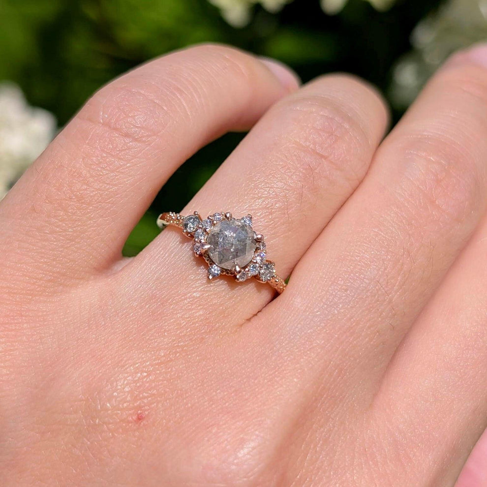 Juliet’s Jubilee | Vintage Sunflower Salt & Pepper Diamond Gold Engagement Ring.
