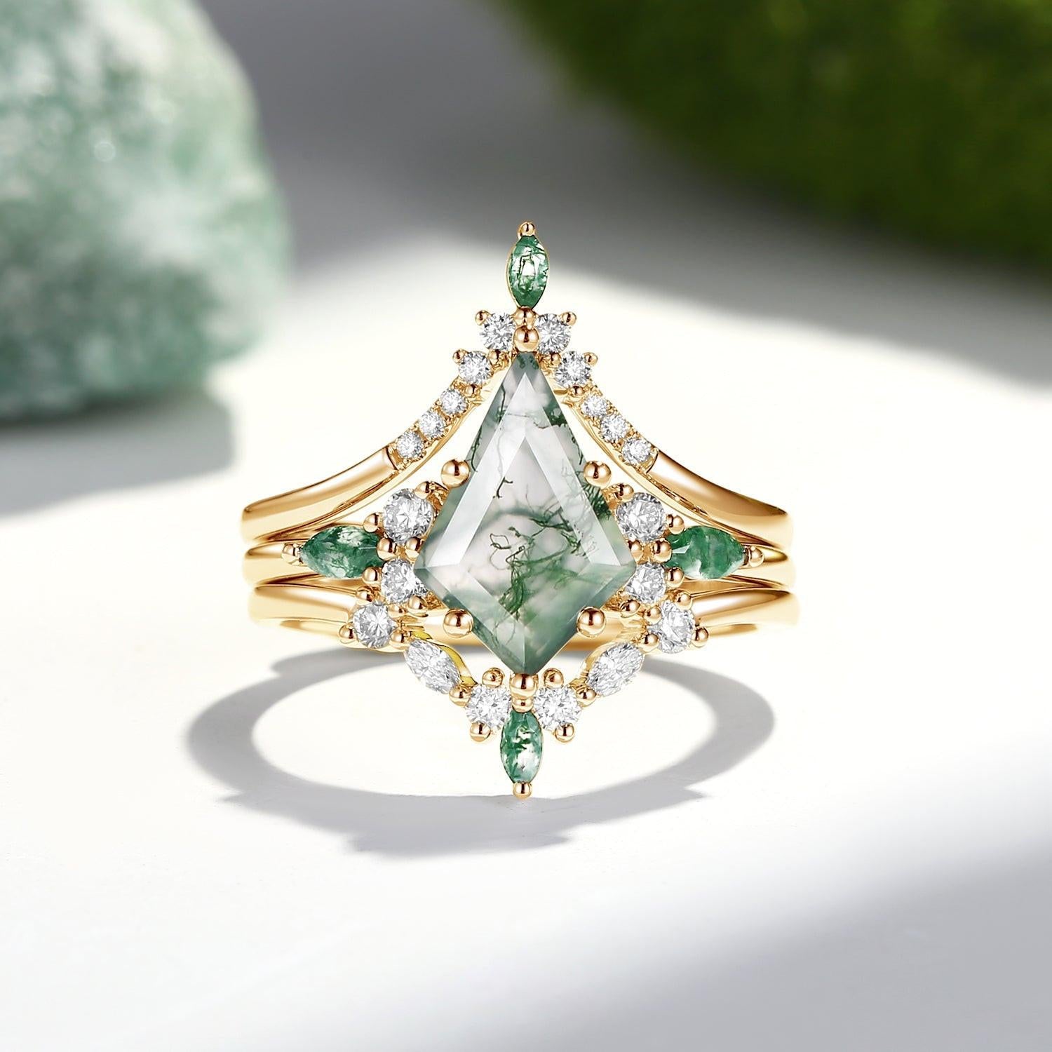 Sylvie’s Chevron | Kite Cut Green Moss Agate Engagement Ring Set 3pcs.