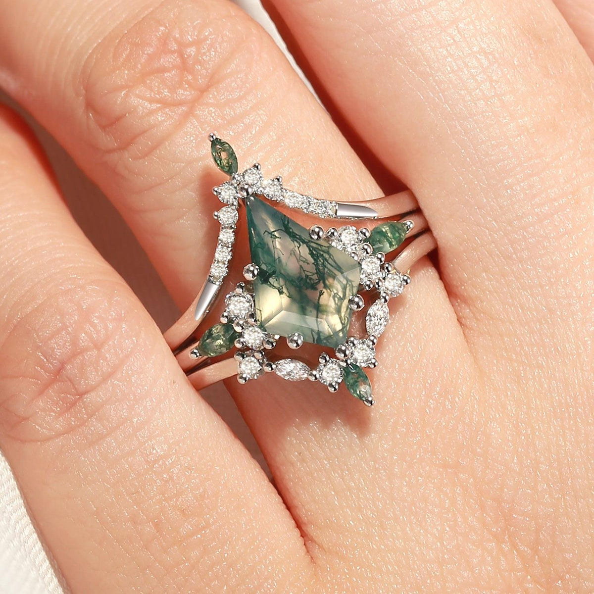 Sylvie’s Chevron | Kite Cut Green Moss Agate Engagement Ring Set 3pcs.