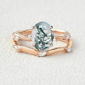 Leaf Marquise Oval Moss Agate Engagement Ring Sets 2pcs.