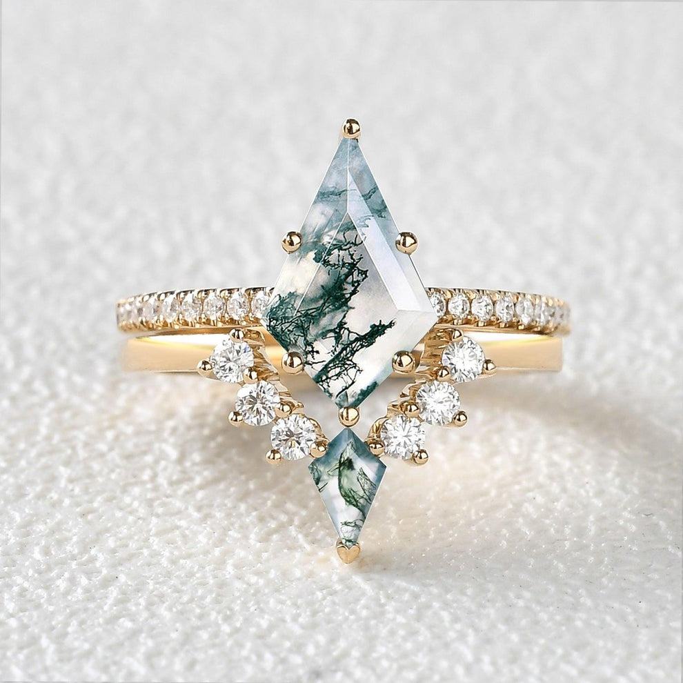 Karen Twin Flames Women Unique Kite Moss Agate Engagement Ring Sets 2pcs.
