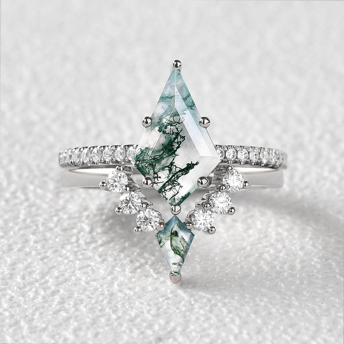 Karen Twin Flames Women Unique Kite Moss Agate Engagement Ring Sets 2pcs.