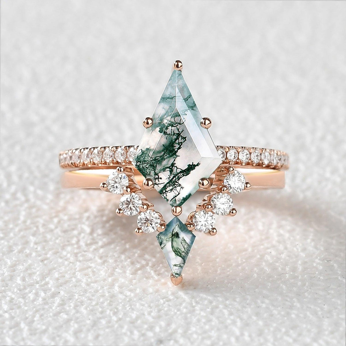 Karen Twin Flames Women Unique Kite Moss Agate Engagement Ring Sets 2pcs.
