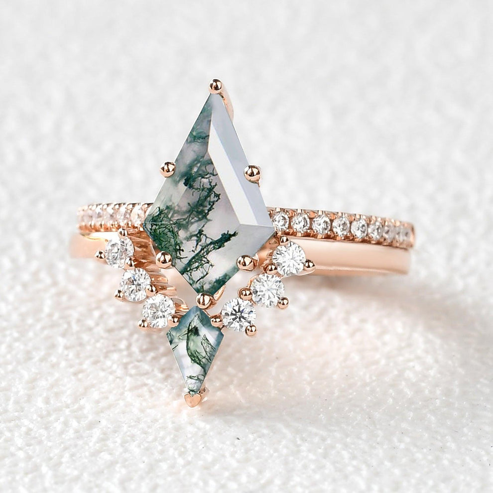 Karen Twin Flames Women Unique Kite Moss Agate Engagement Ring Sets 2pcs.