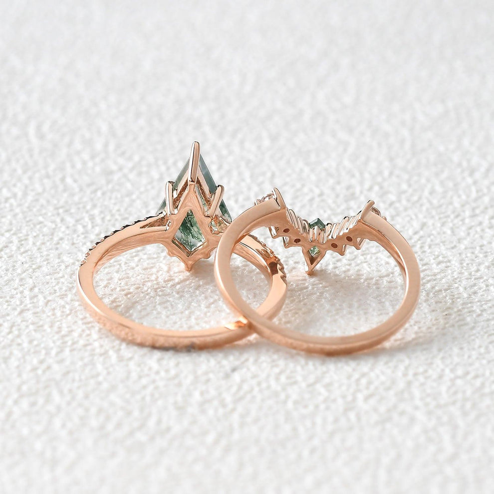 Karen Twin Flames Women Unique Kite Moss Agate Engagement Ring Sets 2pcs.