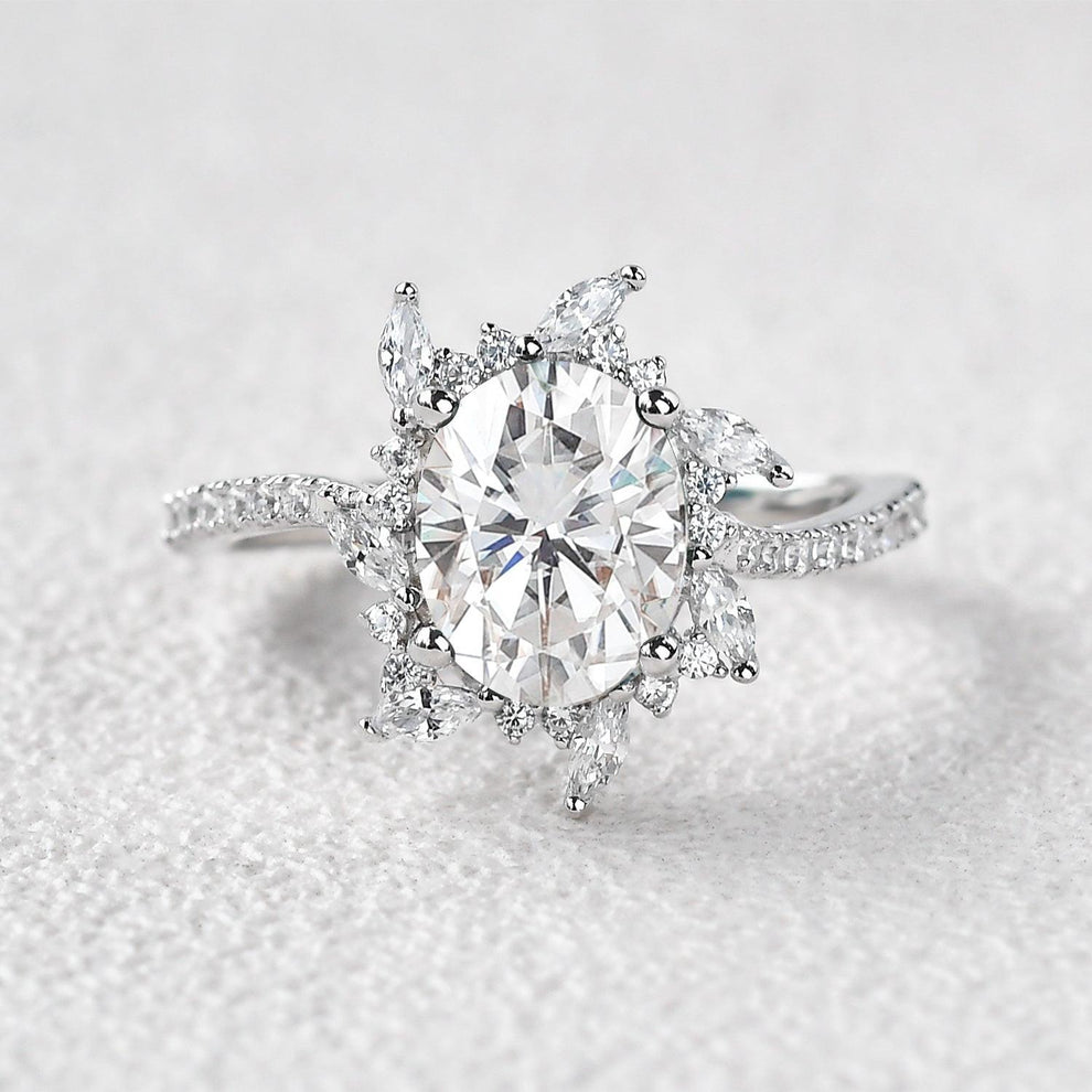 Oval Moss Agate & Moissanite Halo White Gold Engagement Ring.