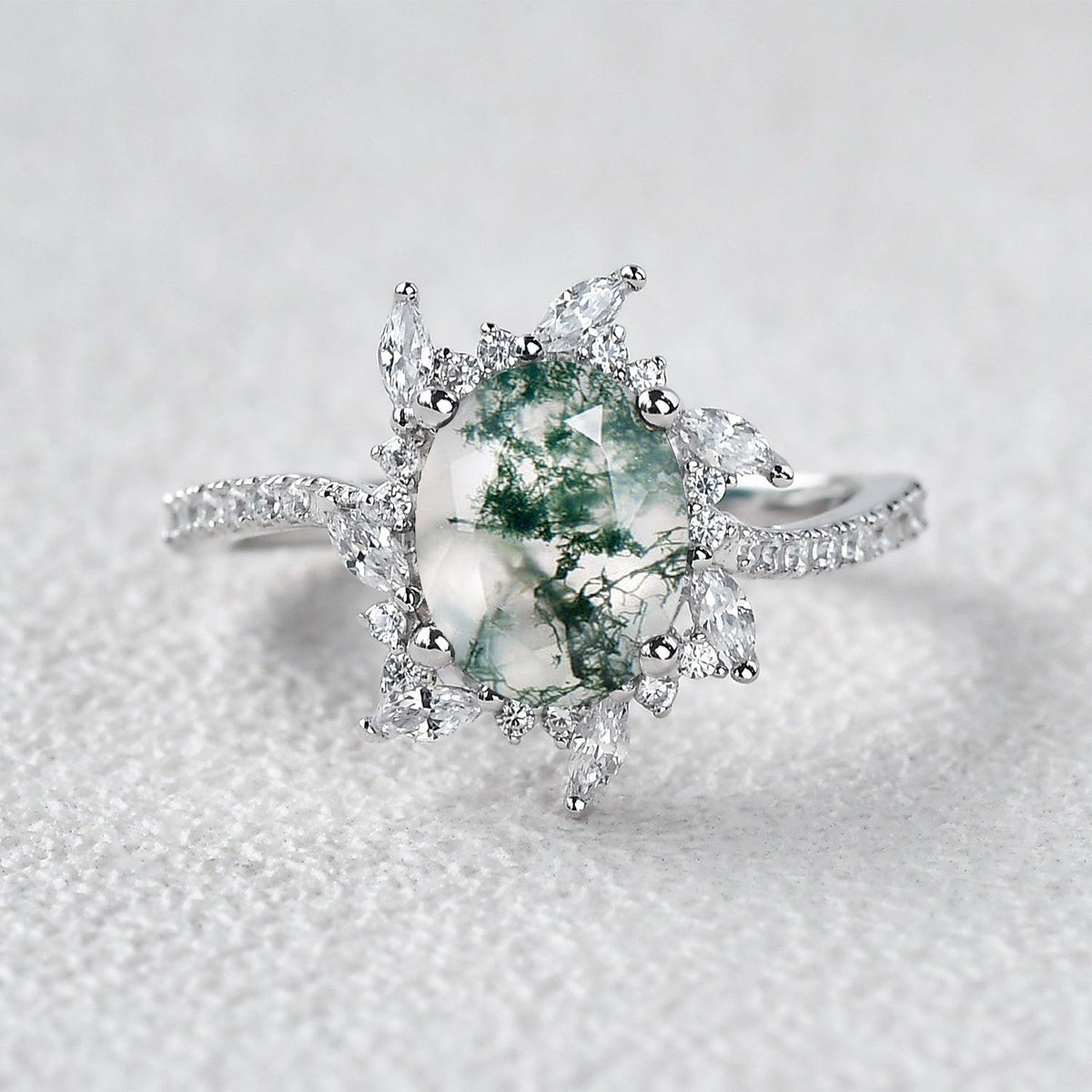 Oval Moss Agate & Moissanite Halo White Gold Engagement Ring.
