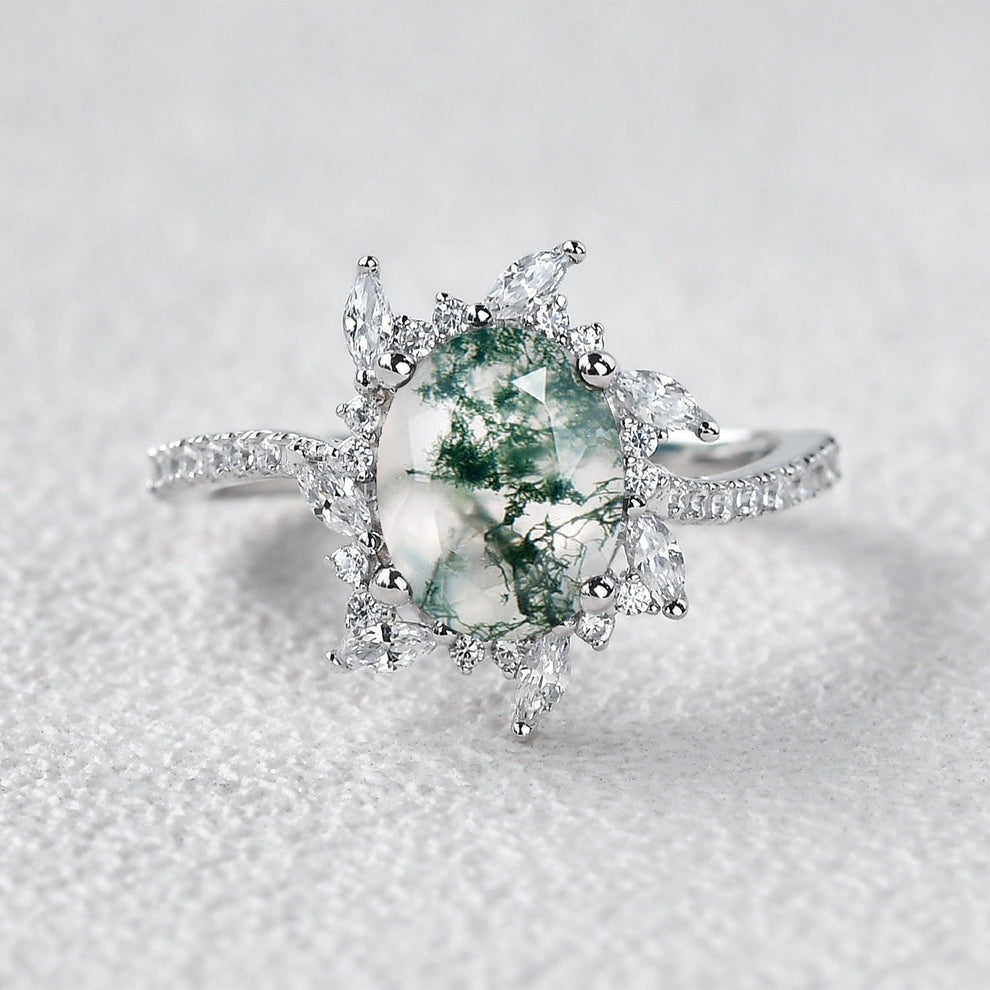 Oval Moss Agate & Moissanite Halo White Gold Engagement Ring.