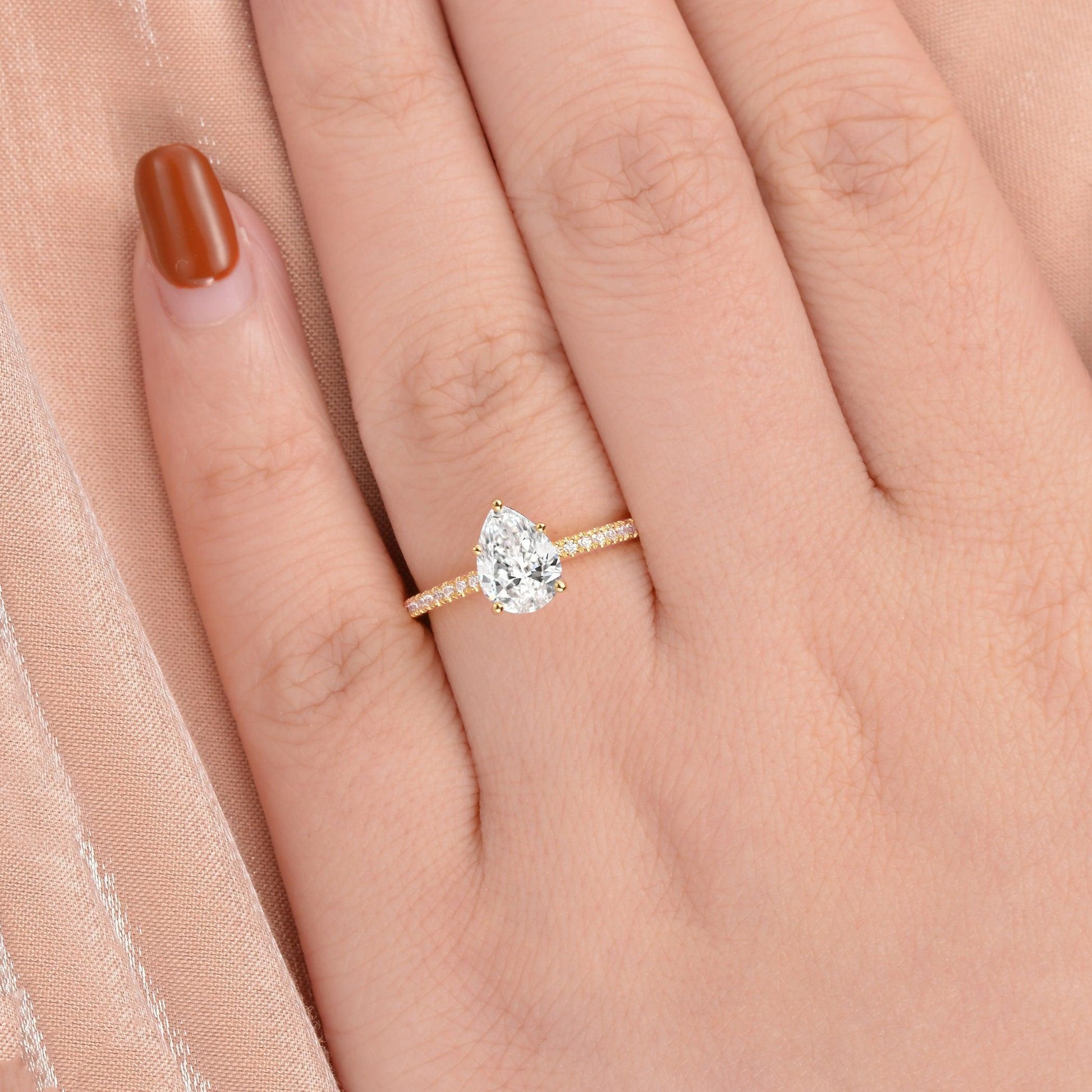 Classic 1.5ct Pear Shaped Moissanite Pave Solitaire Ring.