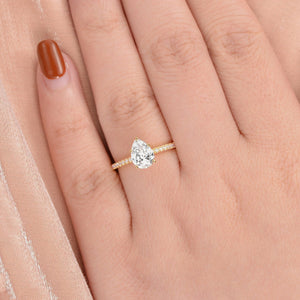 Classic 1.5ct Pear Shaped Moissanite Pave Solitaire Ring.