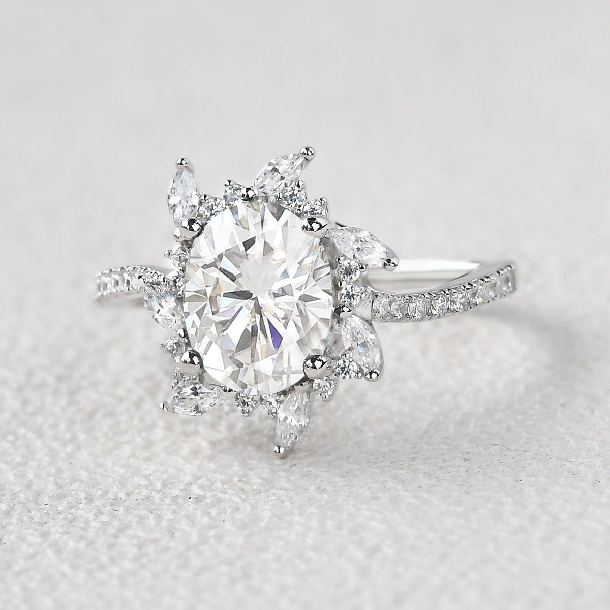 Oval Moss Agate & Moissanite Halo White Gold Engagement Ring.
