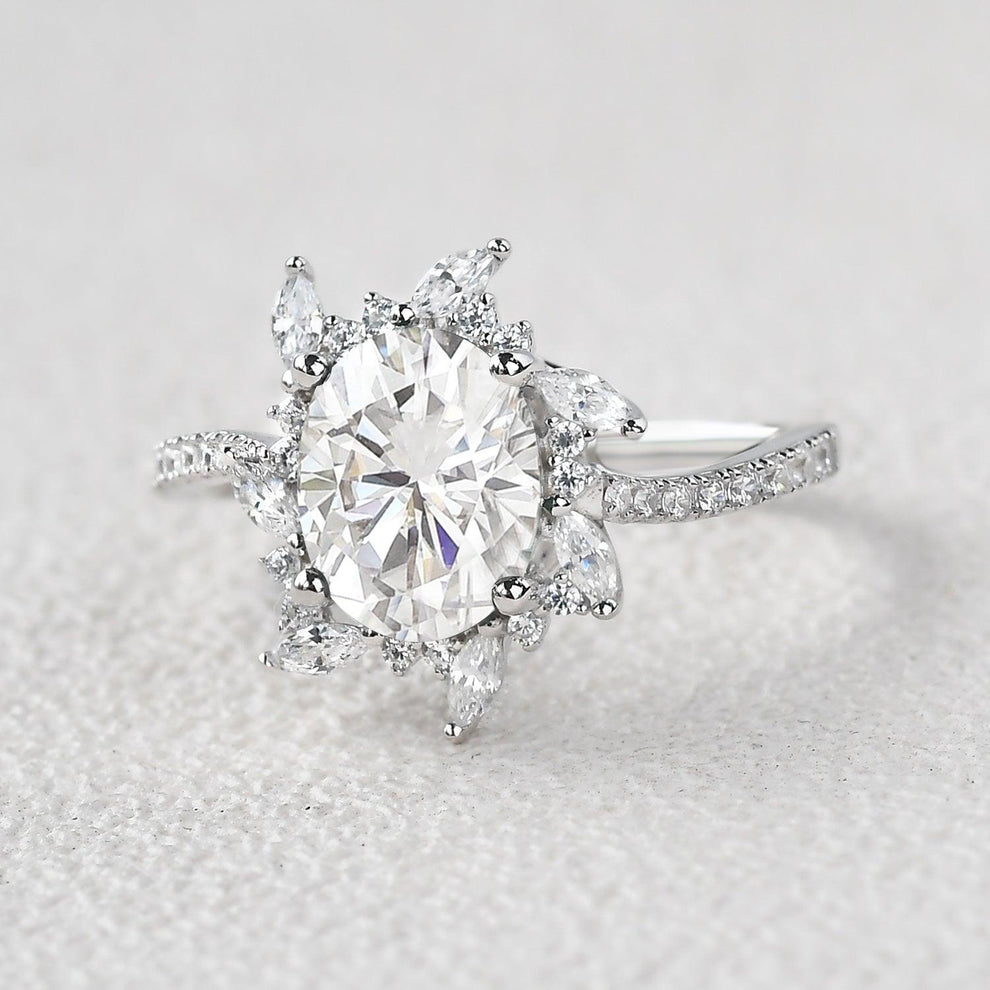 Oval Moss Agate & Moissanite Halo White Gold Engagement Ring.