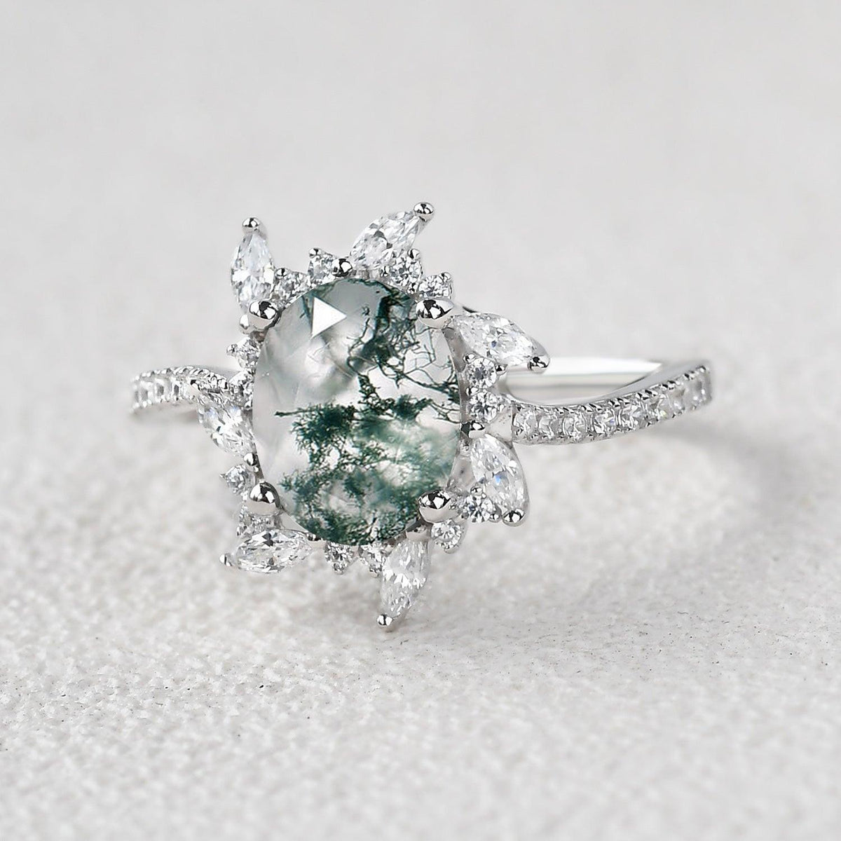 Oval Moss Agate & Moissanite Halo White Gold Engagement Ring.