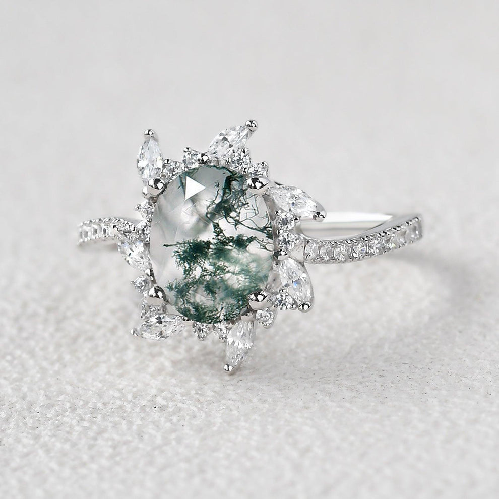 Oval Moss Agate & Moissanite Halo White Gold Engagement Ring.