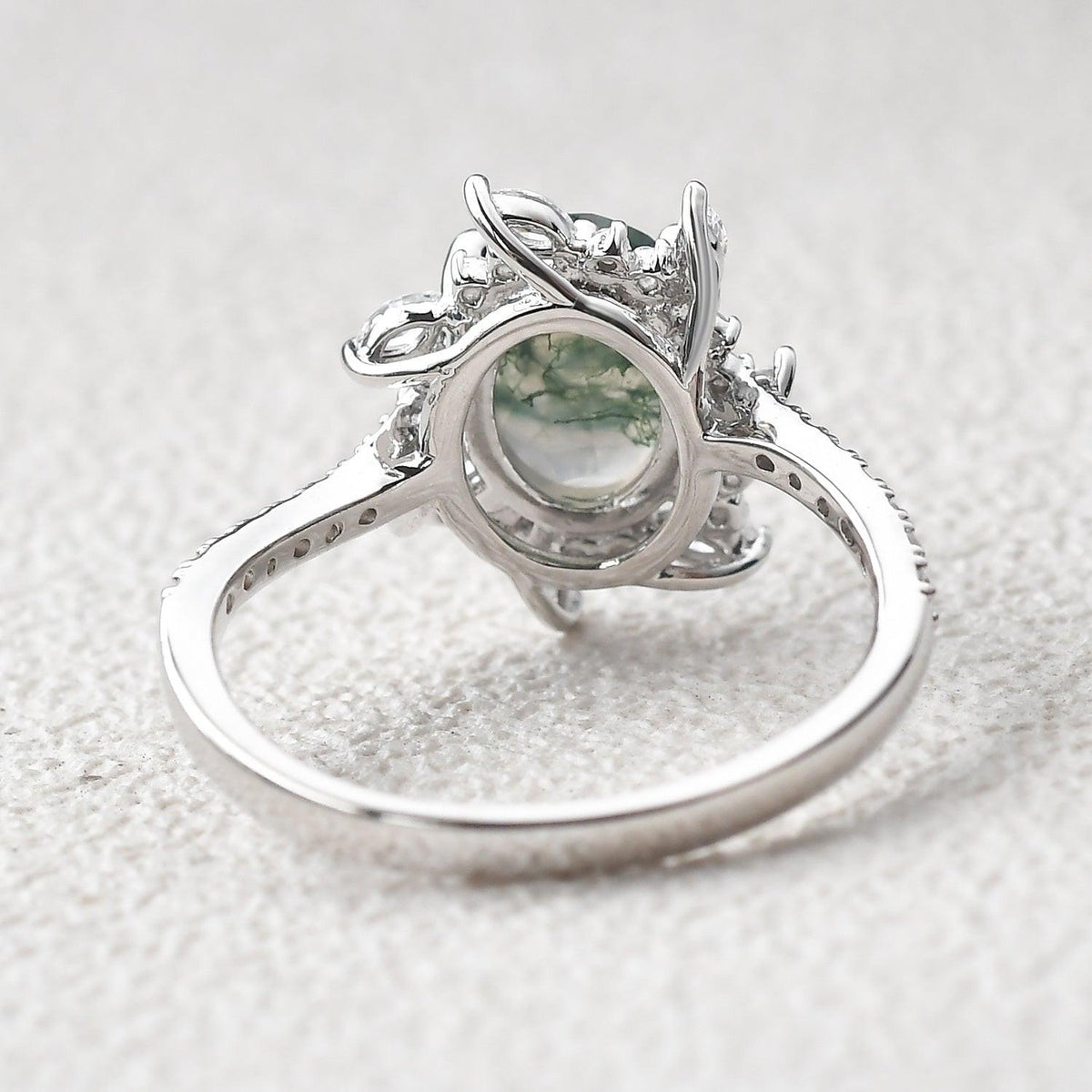 Oval Moss Agate & Moissanite Halo White Gold Engagement Ring.