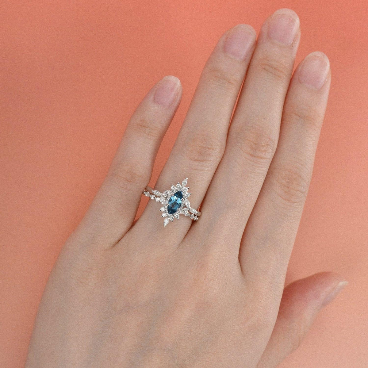 1.0ct Marquise Cut Moss Agate Cluster Vintage Engagement Ring Set 2pcs.