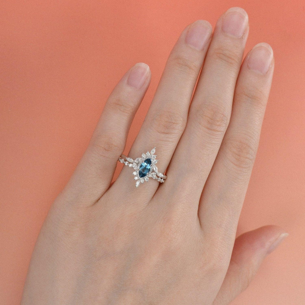 1.0ct Marquise Cut Moss Agate Cluster Vintage Engagement Ring Set 2pcs.