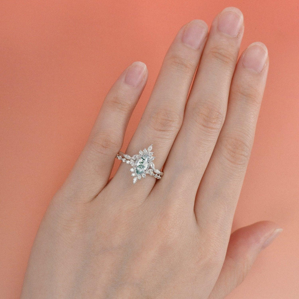 1.0ct Marquise Cut Moss Agate Cluster Vintage Engagement Ring Set 2pcs.