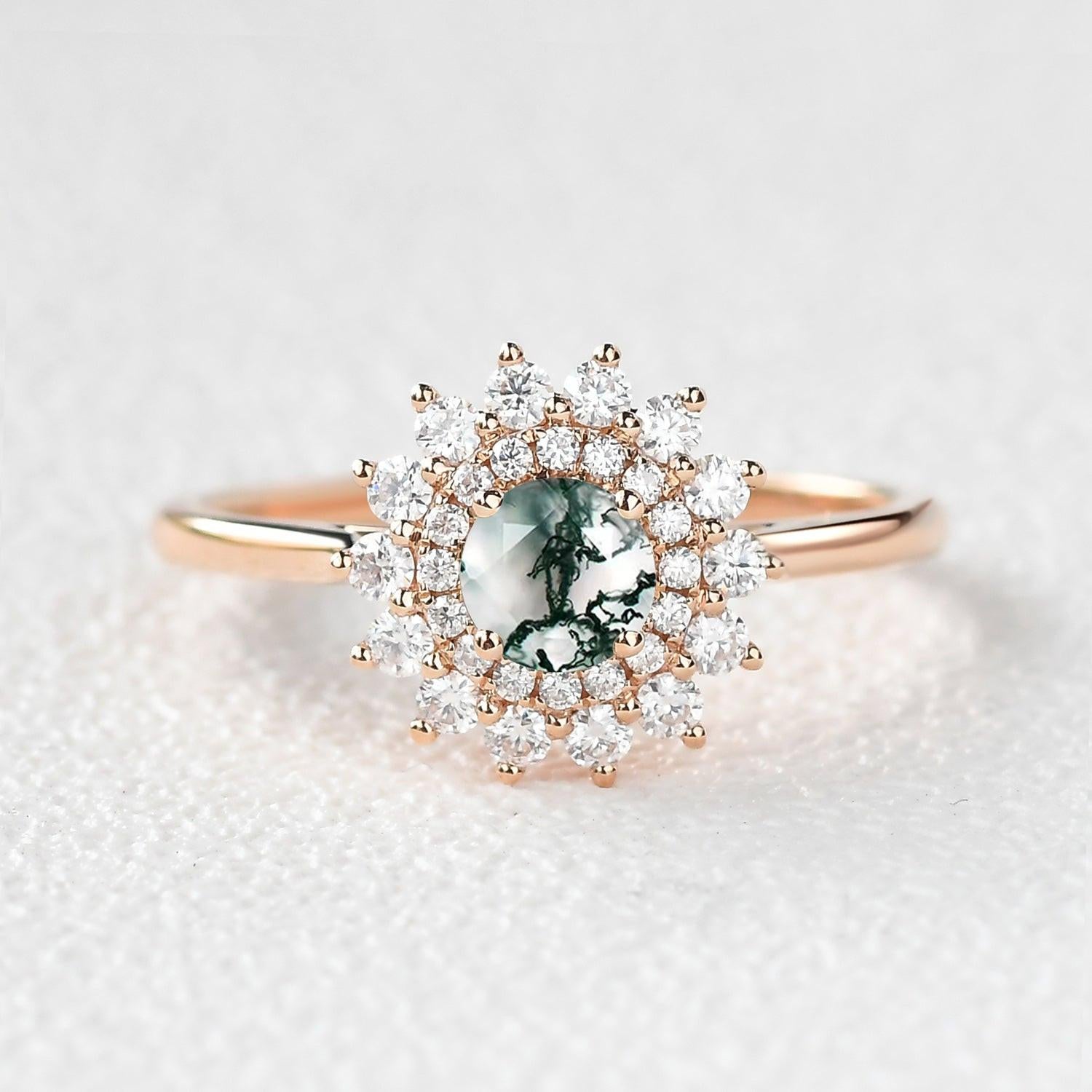 Flower Round Cut Moss Agate Rose Gold Ring.