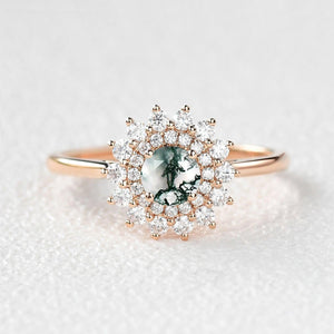 Flower Round Cut Moss Agate Rose Gold Ring.