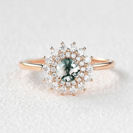 Flower Round Cut Moss Agate Rose Gold Ring.