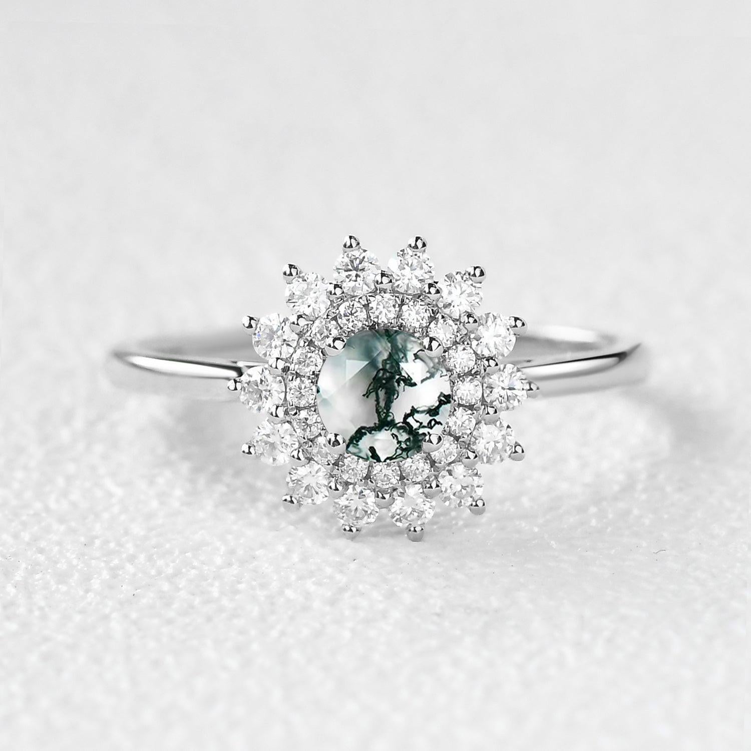 Flower Round Cut Moss Agate Rose Gold Ring.