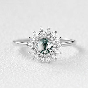 Flower Round Cut Moss Agate Rose Gold Ring.