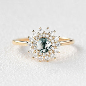 Flower Round Cut Moss Agate Rose Gold Ring.