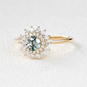 Flower Round Cut Moss Agate Rose Gold Ring.