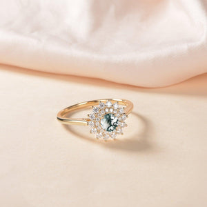 Flower Round Cut Moss Agate Rose Gold Ring.