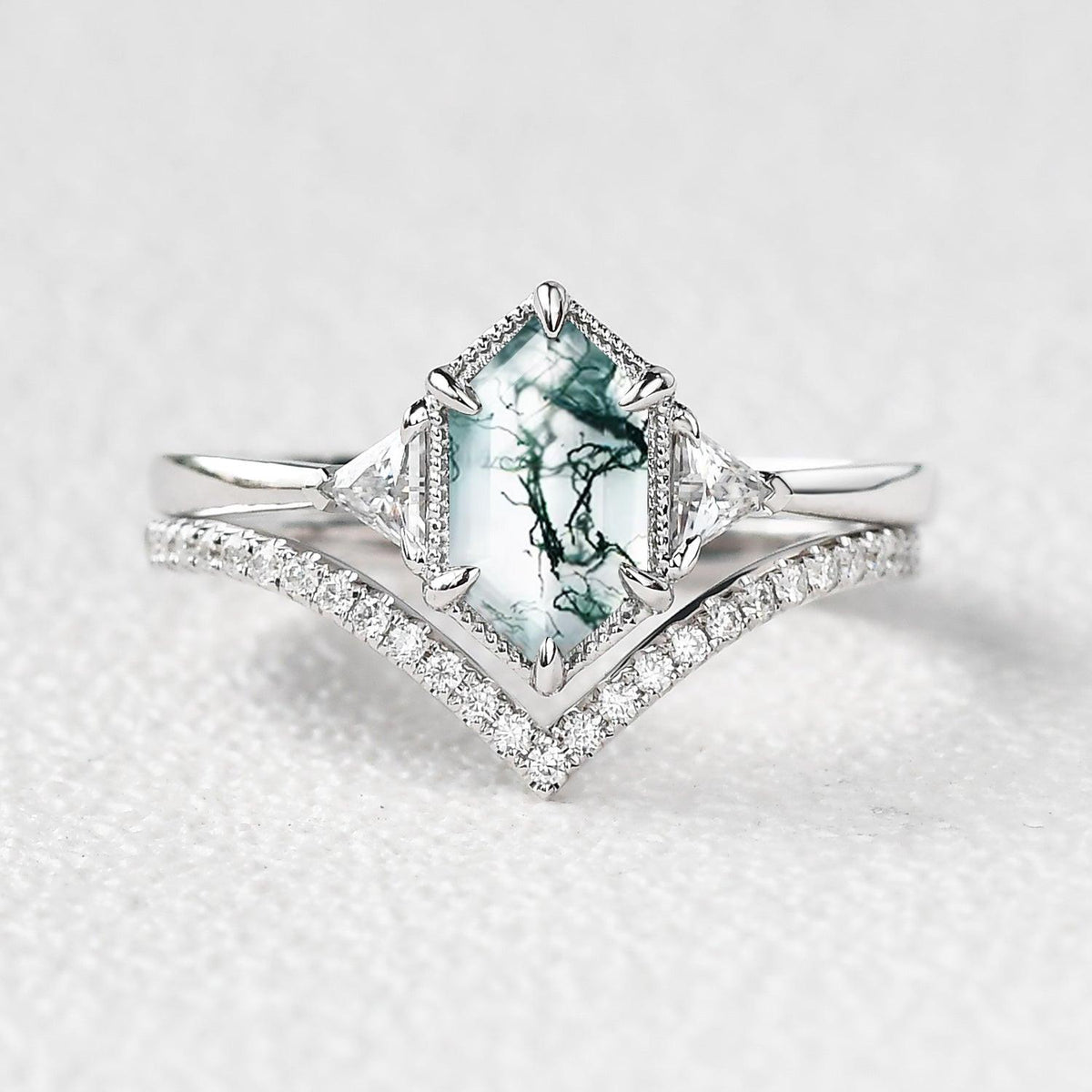 Hexagon Moss Agate Three Stone Engagement Ring Set 2pcs.
