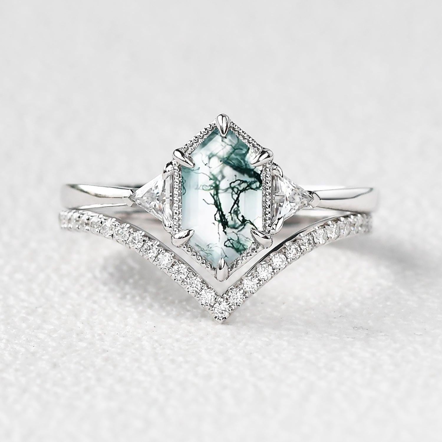 Hexagon Moss Agate Three Stone Engagement Ring Set 2pcs.