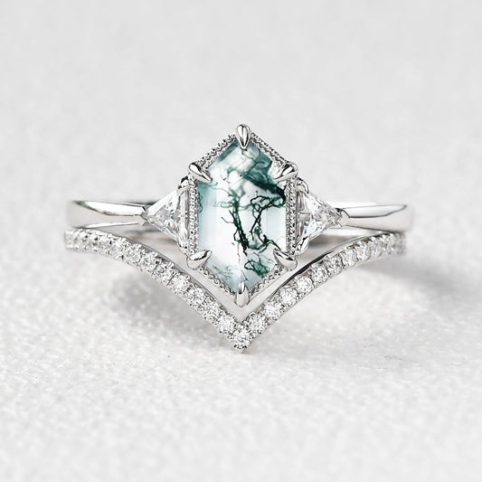 Hexagon Moss Agate Three Stone Engagement Ring Set 2pcs.
