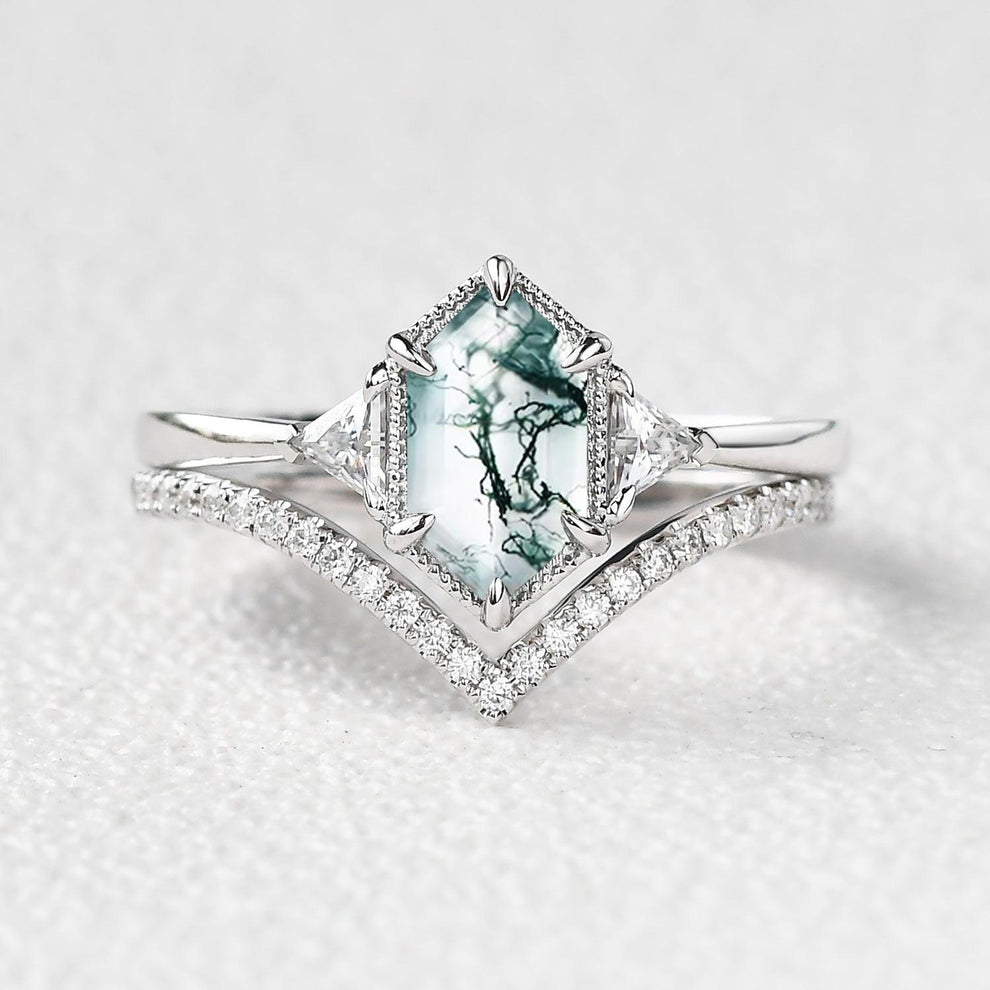Hexagon Moss Agate Three Stone Engagement Ring Set 2pcs.