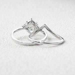 Hexagon Moss Agate Three Stone Engagement Ring Set 2pcs.