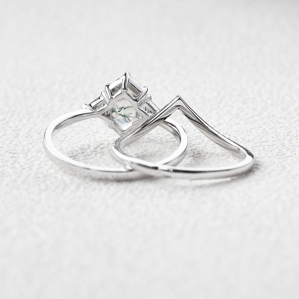 Hexagon Moss Agate Three Stone Engagement Ring Set 2pcs.