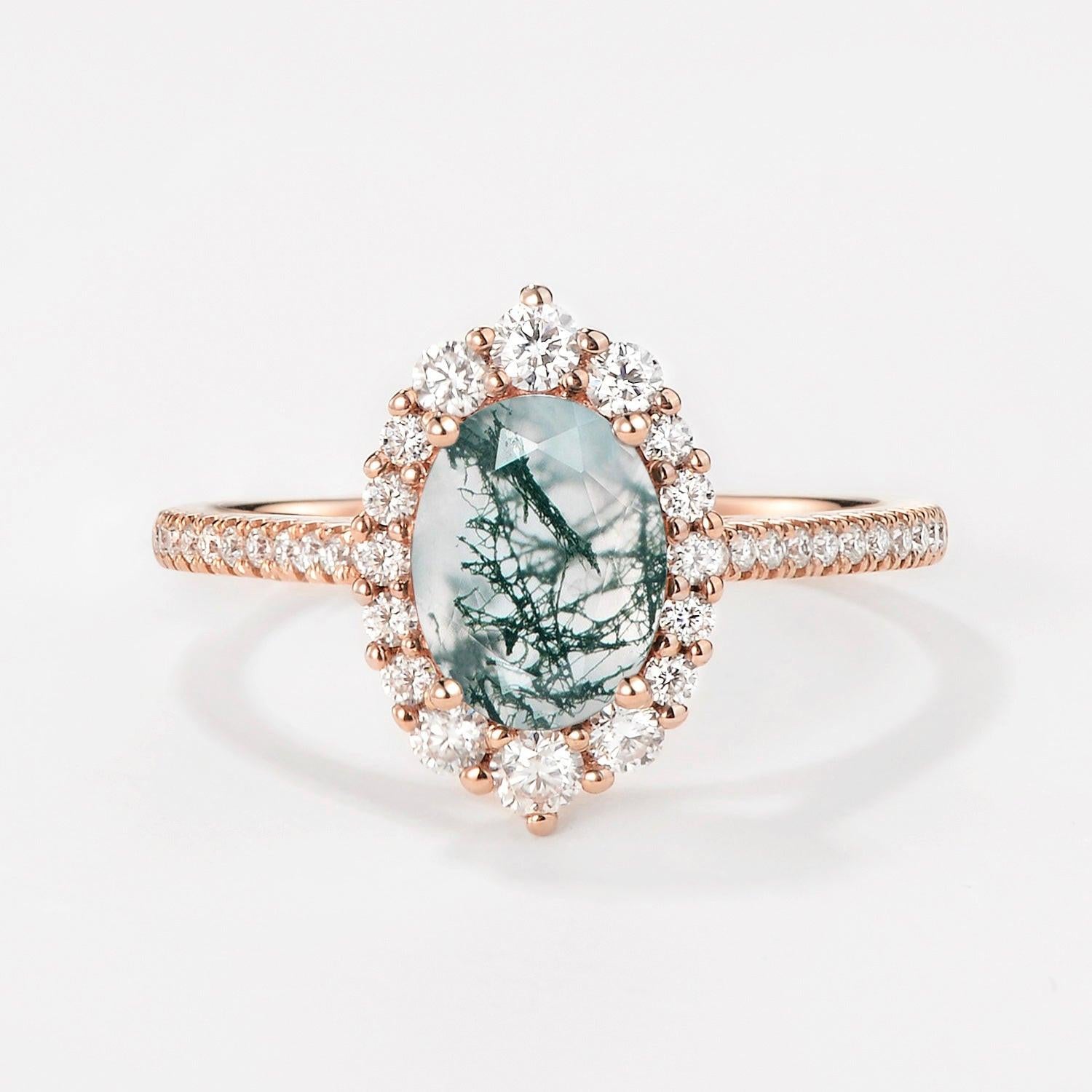 Thalia’s Verdure | Oval Cut Halo Moss Agate Engagement Ring.