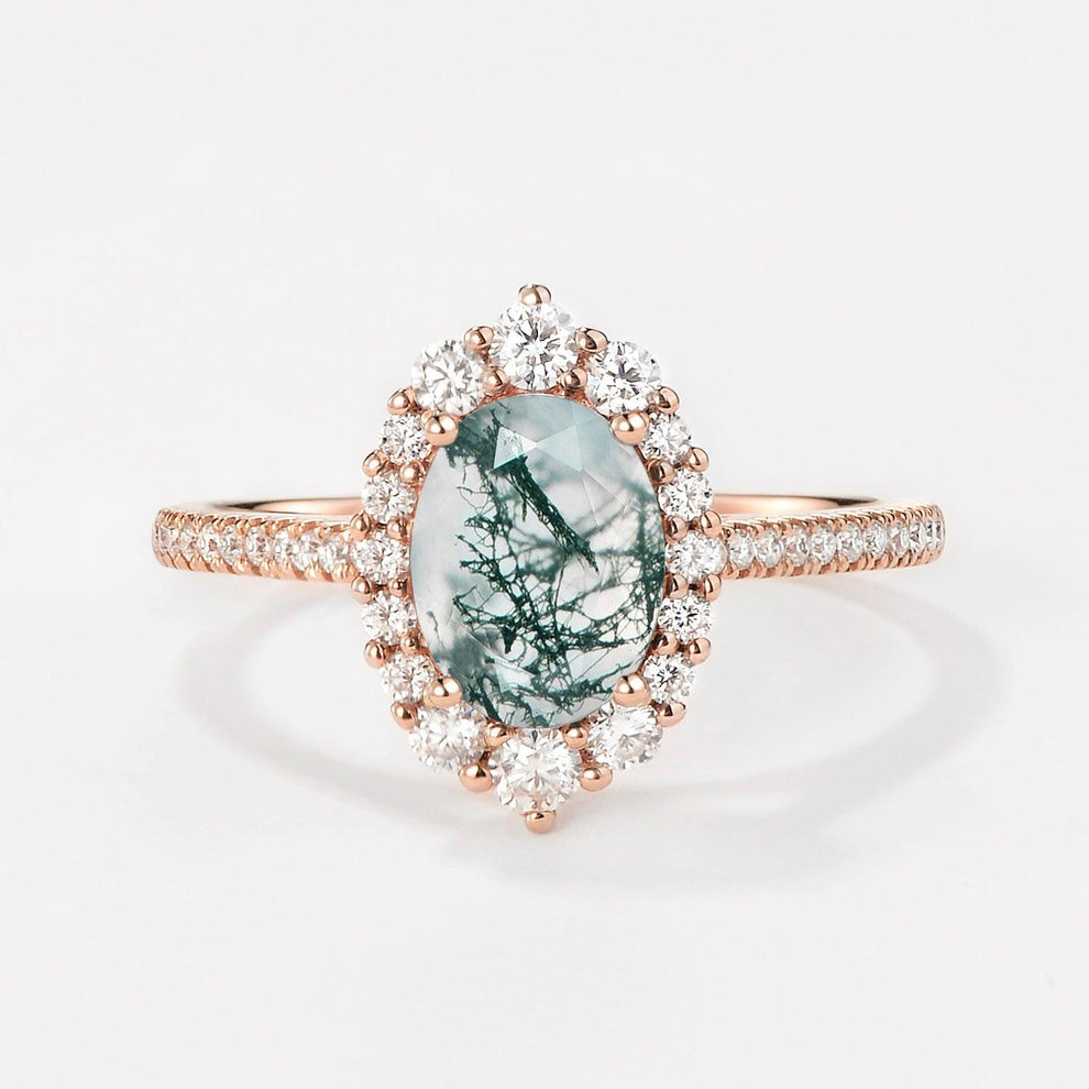 Thalia’s Verdure | Oval Cut Halo Moss Agate Engagement Ring.