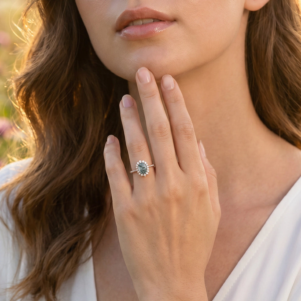 Thalia’s Verdure | Oval Cut Halo Moss Agate Engagement Ring.