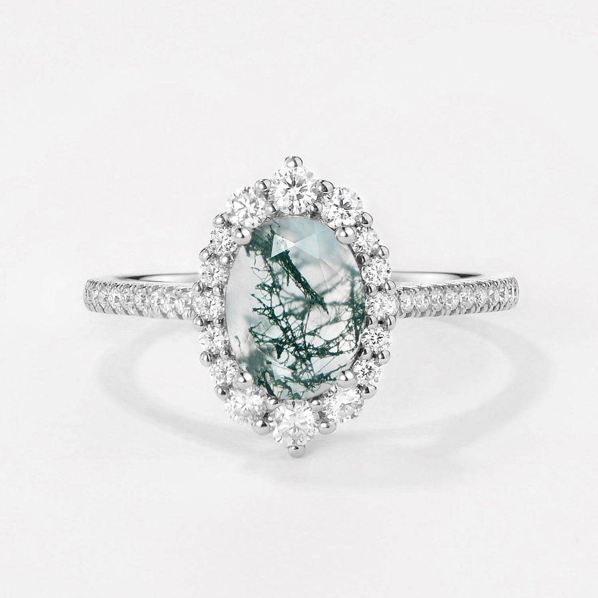 Thalia’s Verdure | Oval Cut Halo Moss Agate Engagement Ring.