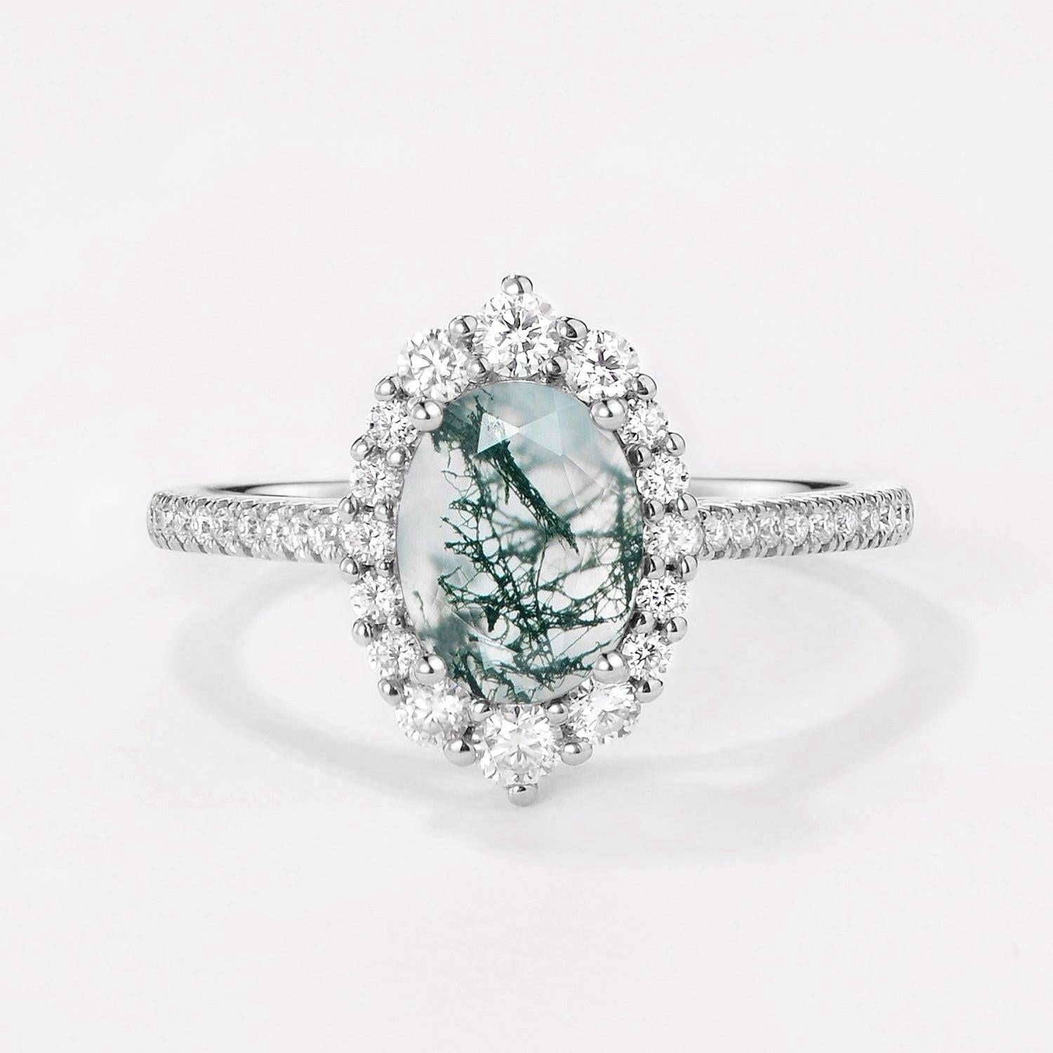 Thalia’s Verdure | Oval Cut Halo Moss Agate Engagement Ring.