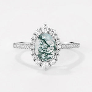 Thalia’s Verdure | Oval Cut Halo Moss Agate Engagement Ring.