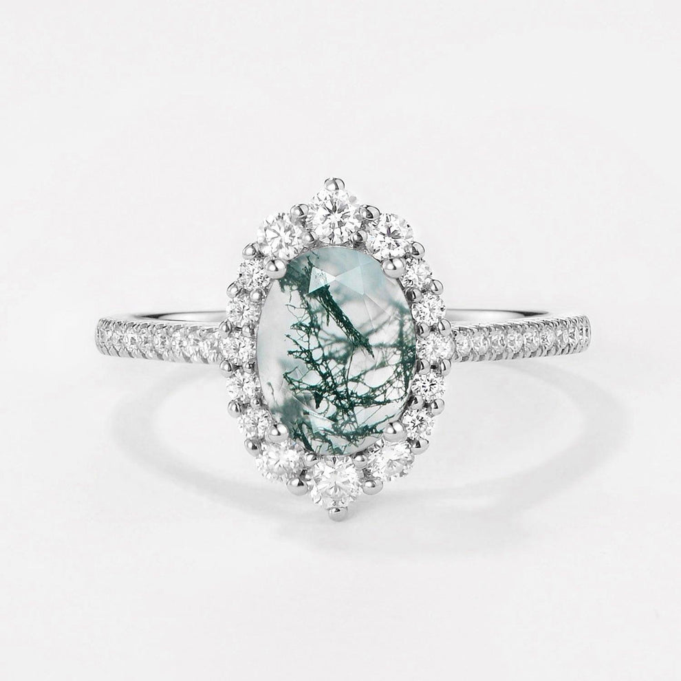 Thalia’s Verdure | Oval Cut Halo Moss Agate Engagement Ring.