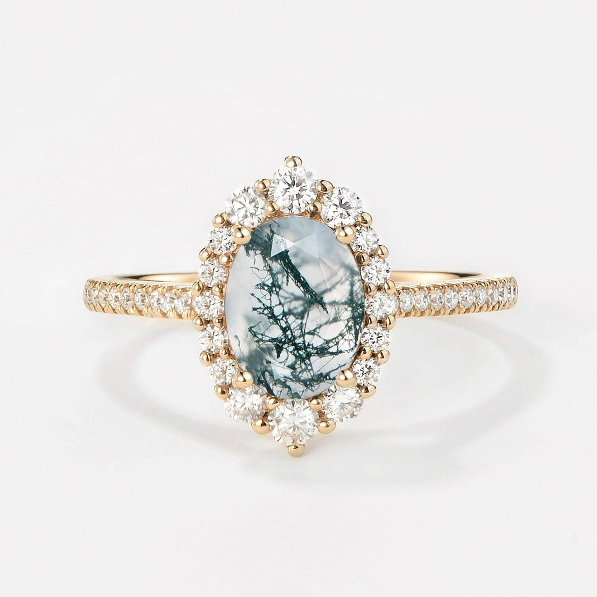 Thalia’s Verdure | Oval Cut Halo Moss Agate Engagement Ring.