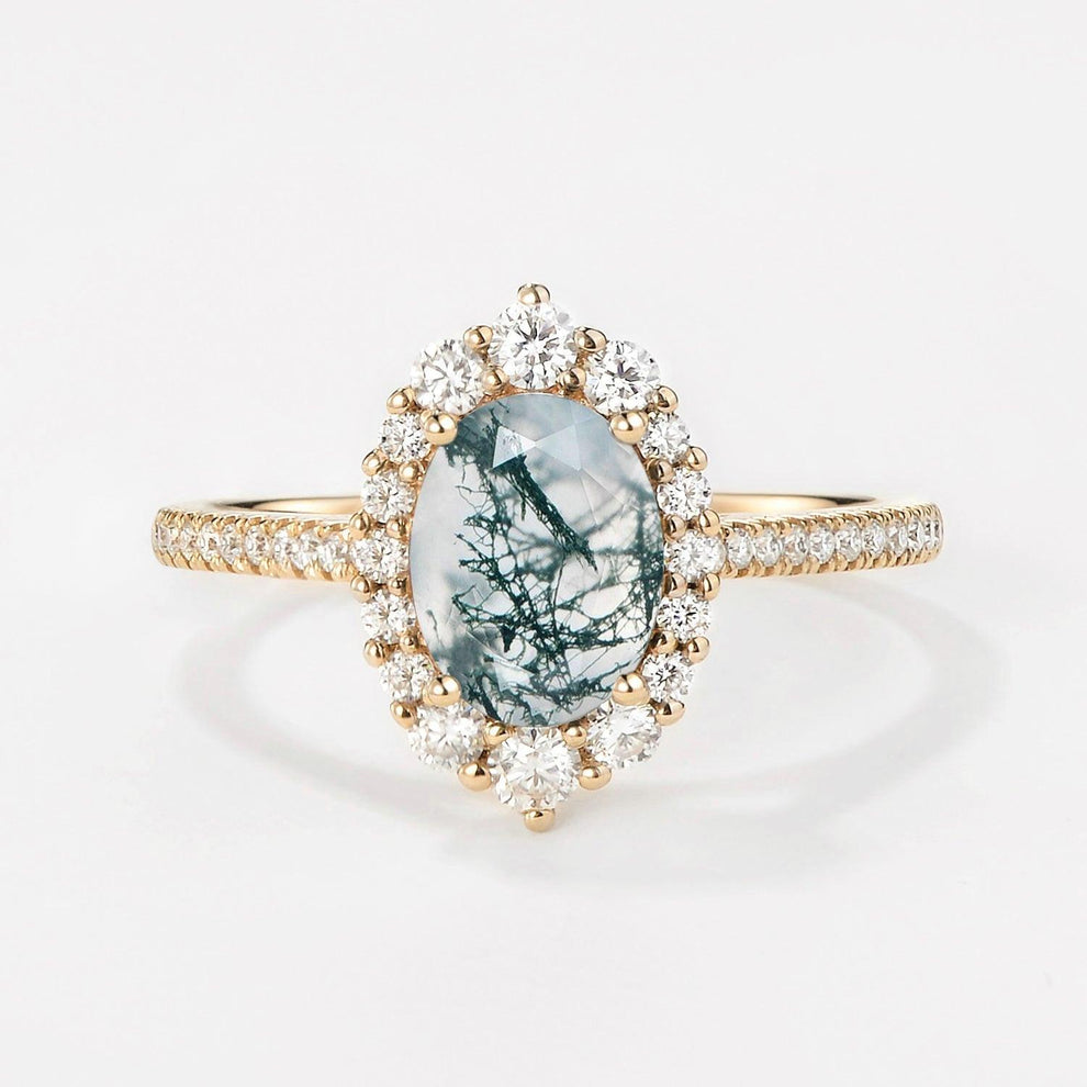 Thalia’s Verdure | Oval Cut Halo Moss Agate Engagement Ring.