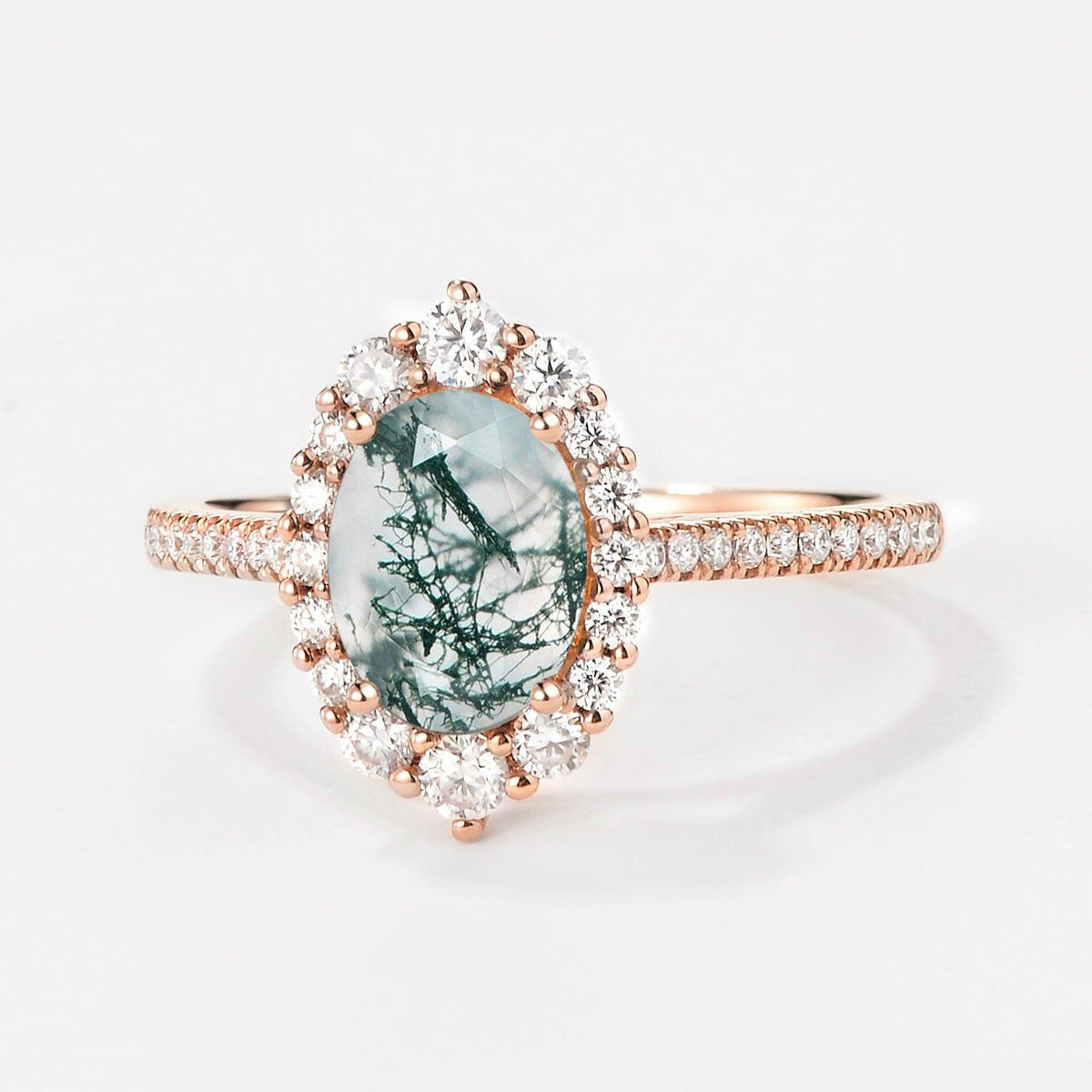 Thalia’s Verdure | Oval Cut Halo Moss Agate Engagement Ring.