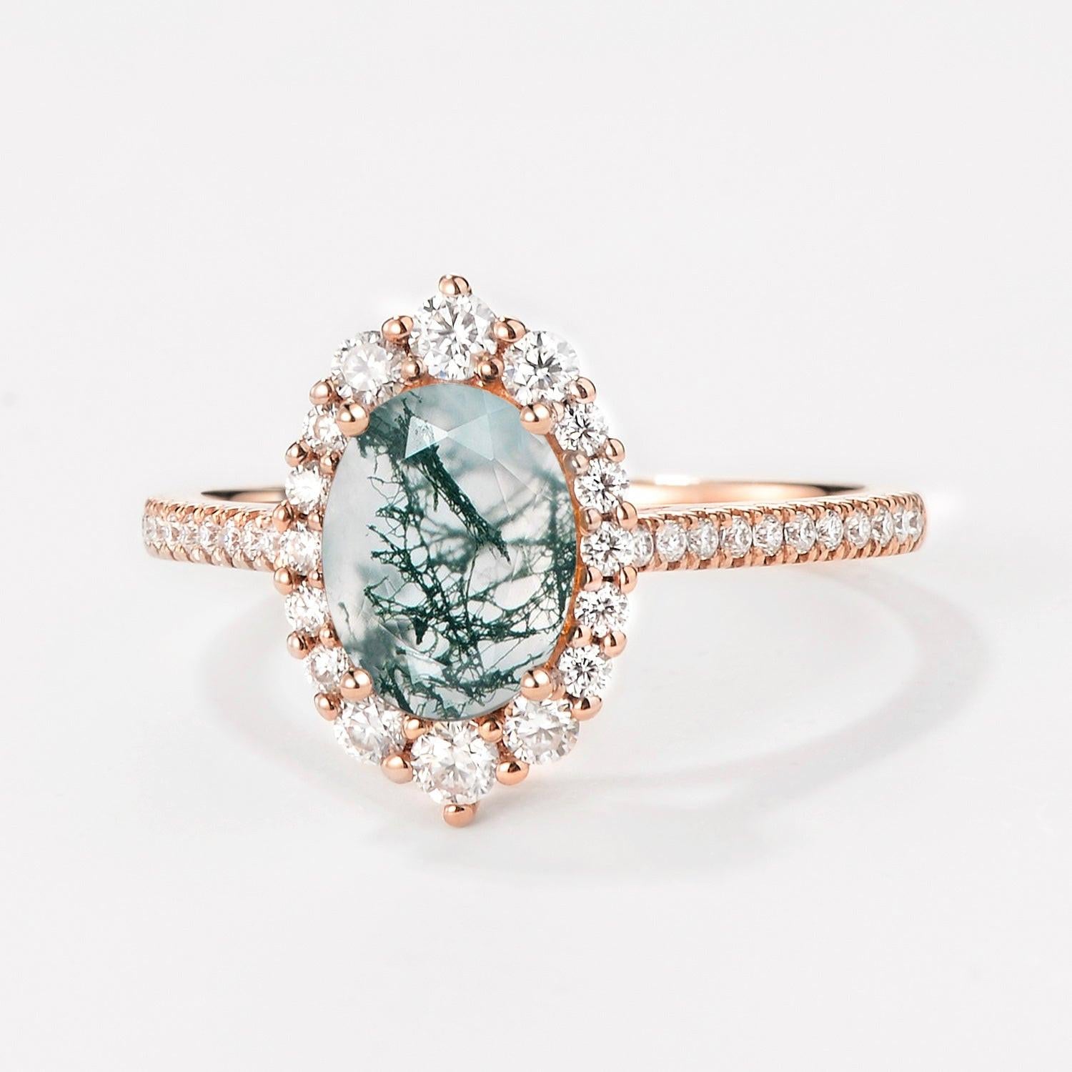 Thalia’s Verdure | Oval Cut Halo Moss Agate Engagement Ring.