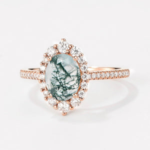 Thalia’s Verdure | Oval Cut Halo Moss Agate Engagement Ring.