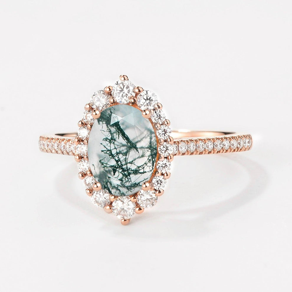 Thalia’s Verdure | Oval Cut Halo Moss Agate Engagement Ring.