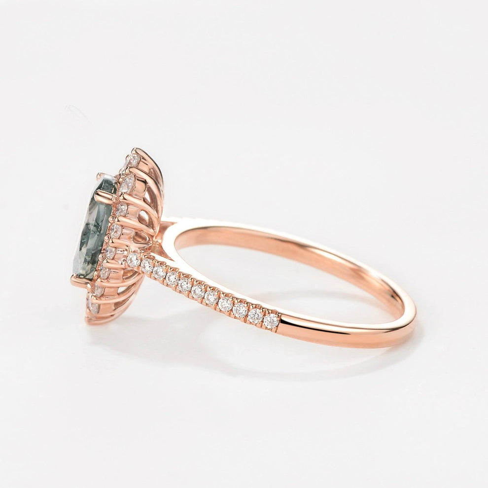Thalia’s Verdure | Oval Cut Halo Moss Agate Engagement Ring.